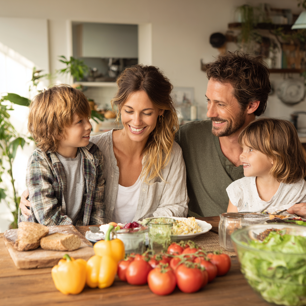 Щаслива молода європейська жінка з довгим волоссям тримає тарілку зі свіжими овочами та фруктами, посміхається камері, реалістичний стиль