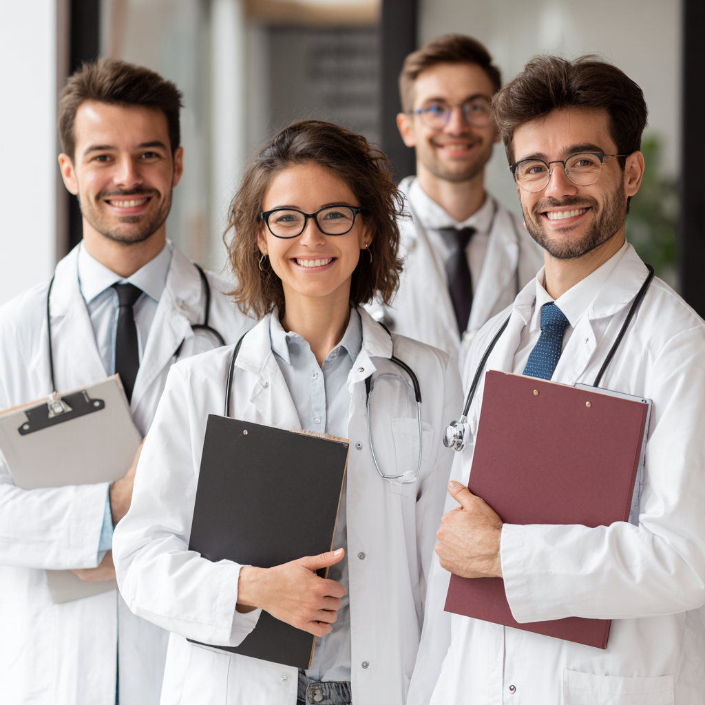 Професійний європейський дієтолог середнього віку з короткими волоссям в білому халаті, дружньо посміхається в камеру, на тлі сучасного офісу, реалістичний стиль